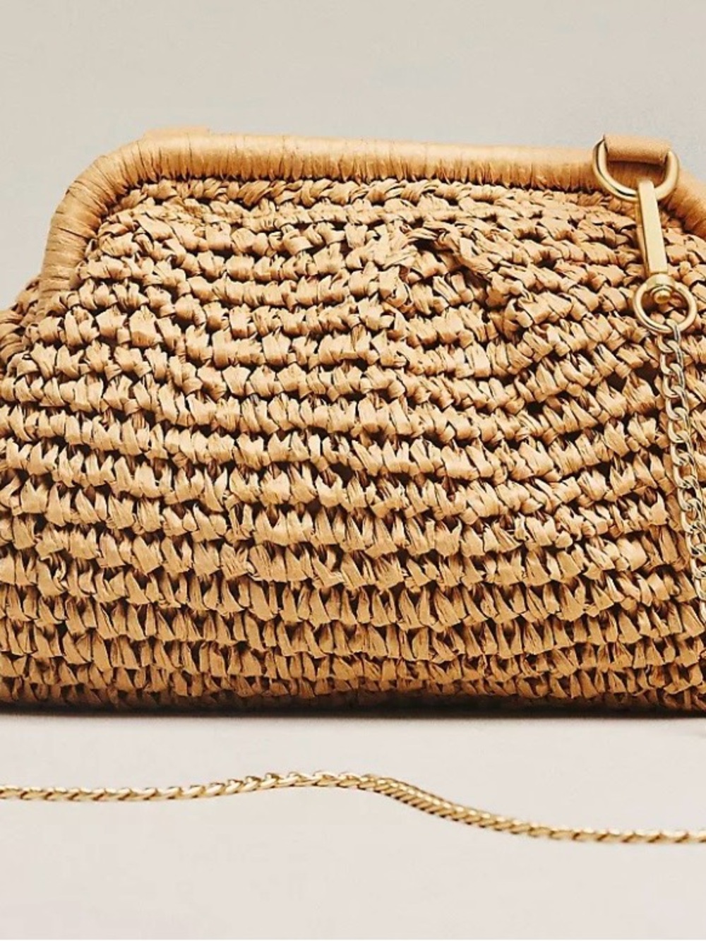 l*space Woven Straw Clutch in Tan with Gold Chain